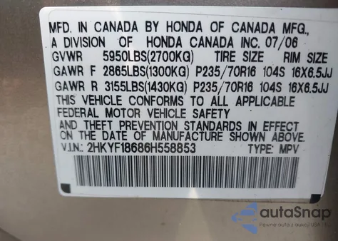 2006 Honda Pilot Ex-L из США, поврежденный, VIN 2HKYF18686H558853